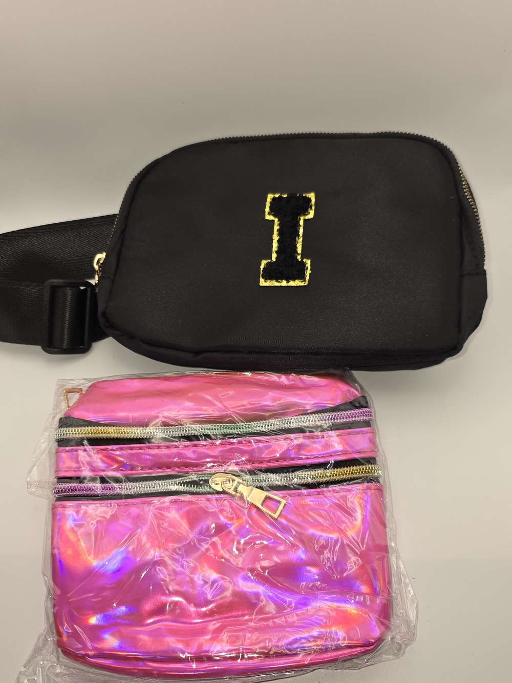 Source Unknown Black Belt Bag with Pink Holographic Pouch